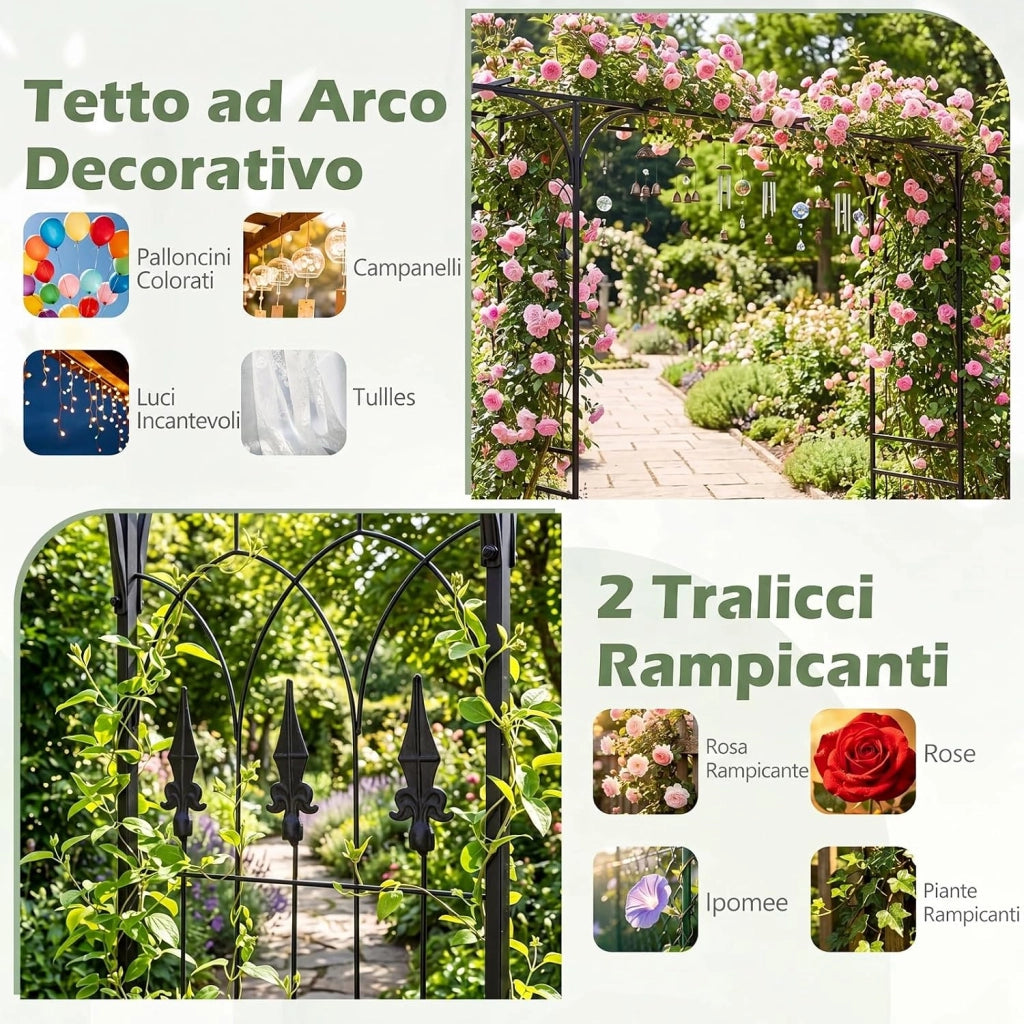 Arco da Giardino, Traliccio ad Arco per Rampicanti, 206x40,5x215 cm | Pergolato da Esterno in Metallo con Tetto Piatto e Elegante Motivo a Traforo per Matrimonio e Festa