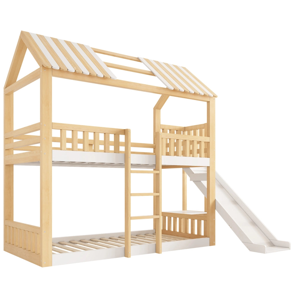 Letto bambini 90x200cm con tetto a timpano, scivolo, mensola laterale, bianco e legno naturale