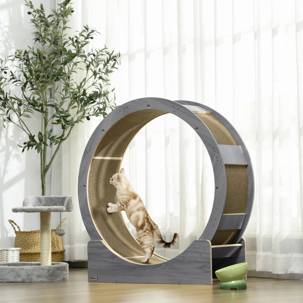 Ruota per gatti 91 cm con freno, tappetino tiragraffi, legno, grigio