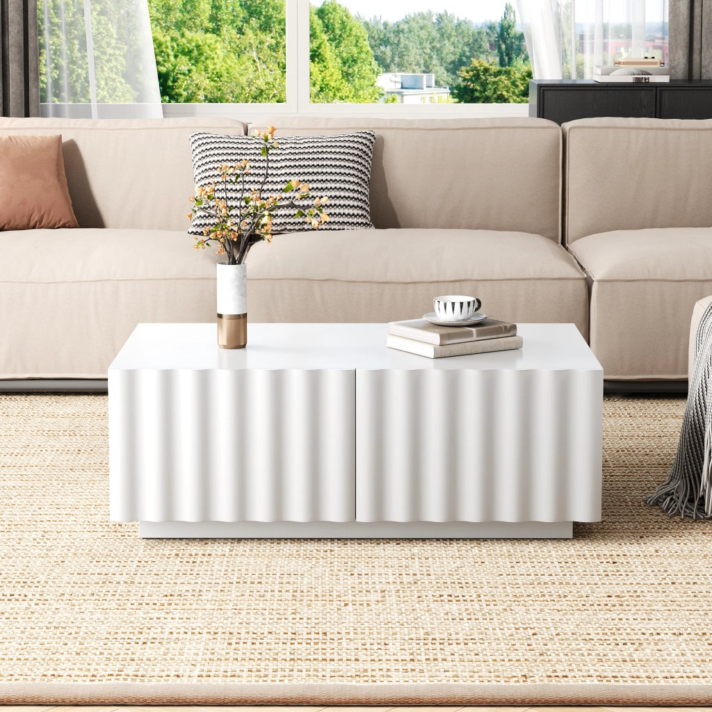 Tavolino basso fisso con due cassetti e fronte a onde in MDF e pannello truciolare bianco 100 × 50 × 40 cm