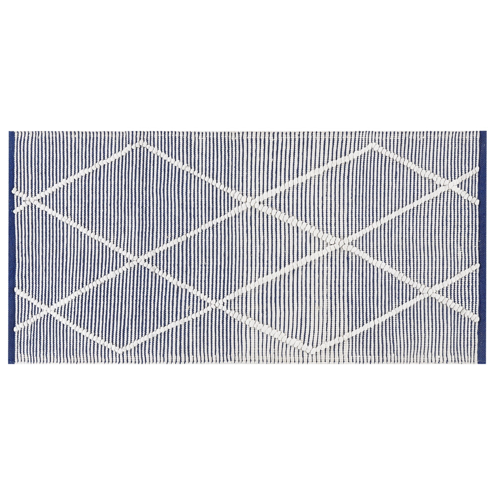 Tappeto in cotone blu e beige motivo a geometrico 80 x 150 cm camera da letto soggiorno ingresso