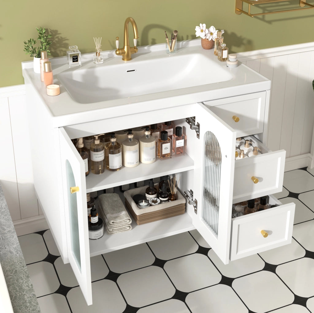 Mobile bagno sospeso 80 cm con lavabo in ceramica; 2 cassetti e ante in vetro; bianco