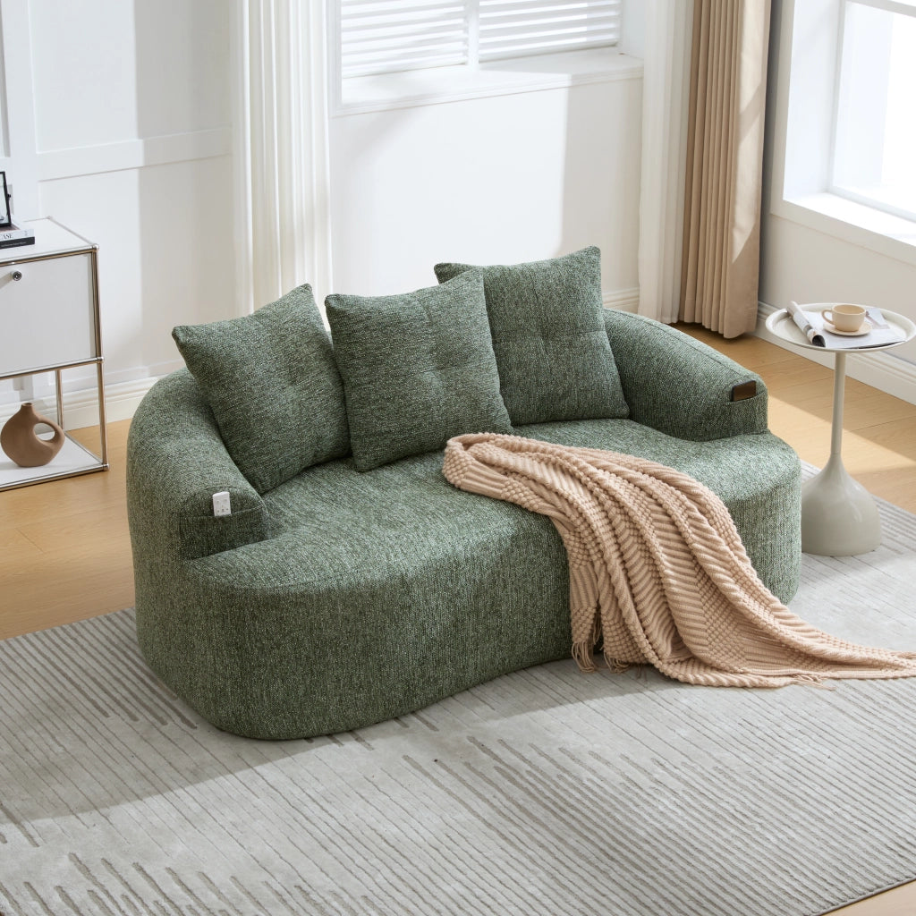 Divano lineare 2 posti con seduta profonda e 3 cuscini in chenille verde 164 × 92 × 60 cm