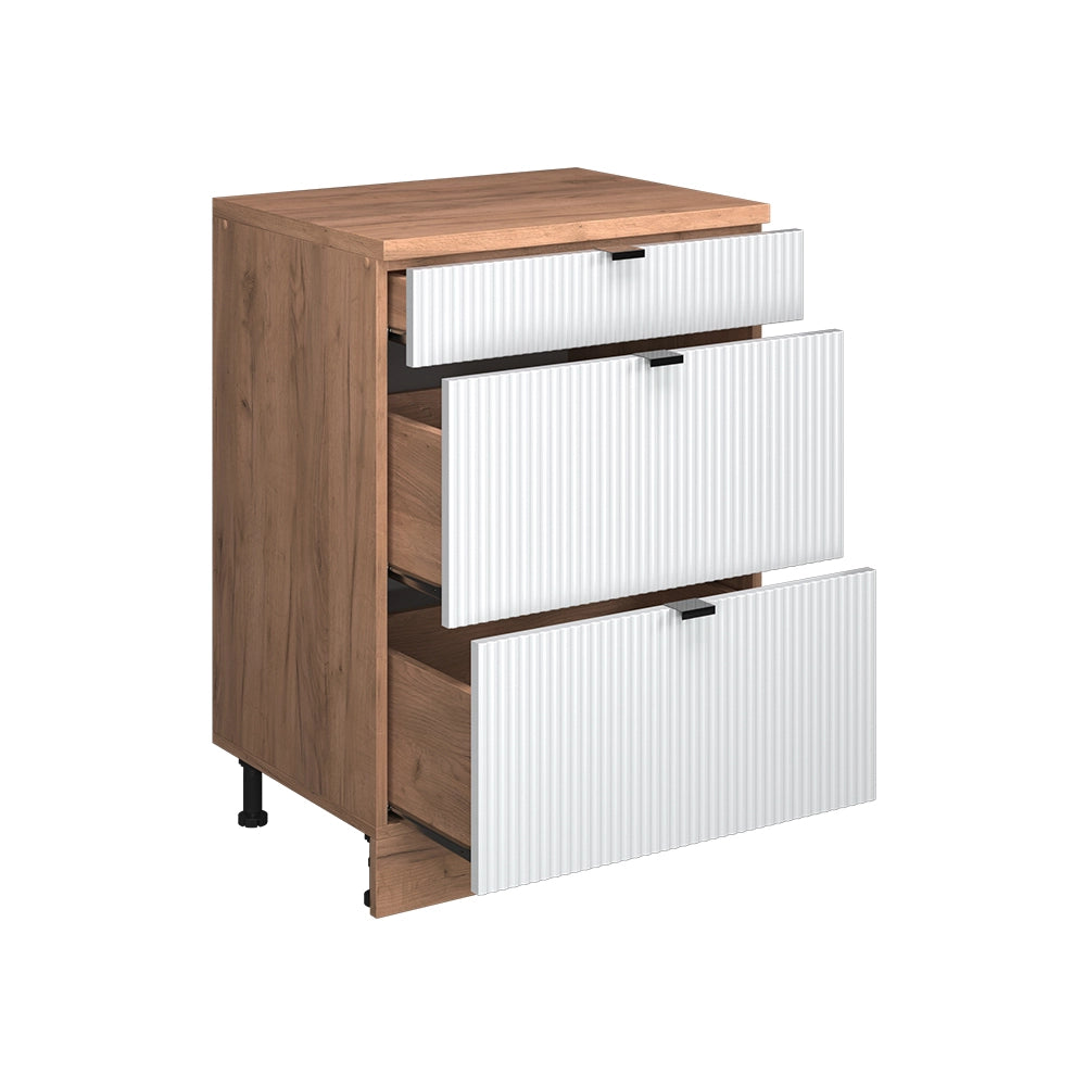 Mobile cucina sottotetto R-Line Ondulazione bianca/Rovere dorato 60 cm senza inclinazione con 3 cassetti Vicco