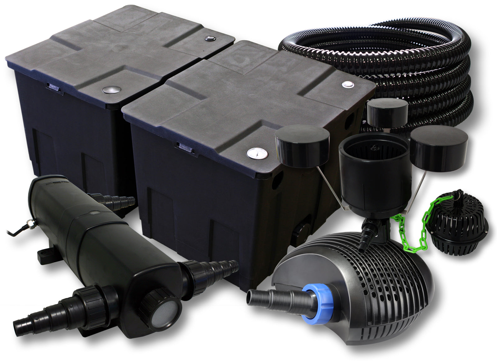 Set filtro per laghetto da 60.000l Chiarificatore 24W Pompa ECO 40W Tubo 25m Skimmer