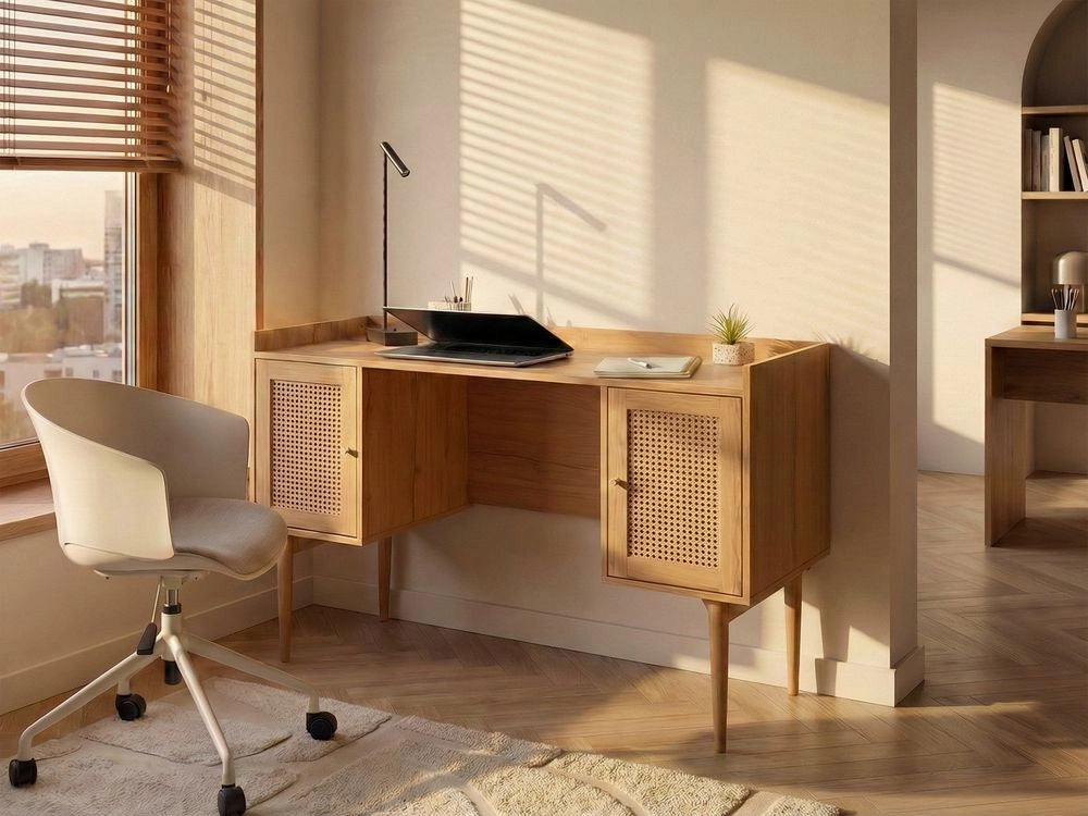 Scrivania Home Office Struttura in metallo Nero Piano in vetro temperato Cassetti portaoggetti Design industriale moderno