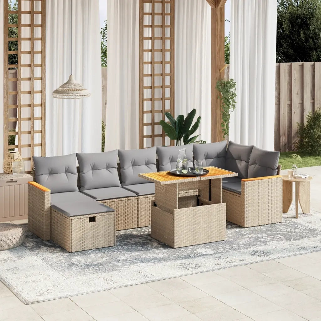Set Divano da Giardino 8 pz con Cuscini Beige in Polyrattan