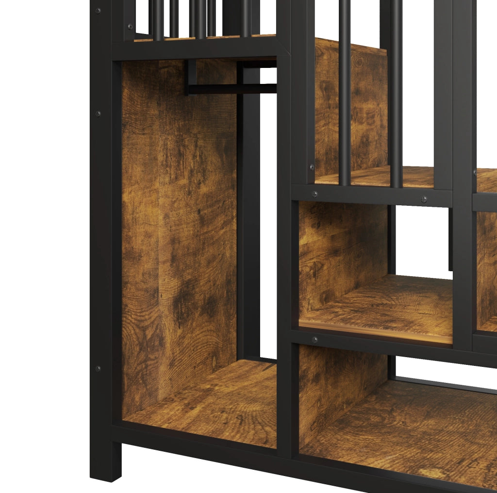 Letto a soppalco 90x200 cm in metallo e MDF nero con cassetti; cabina armadio e scala contenitore