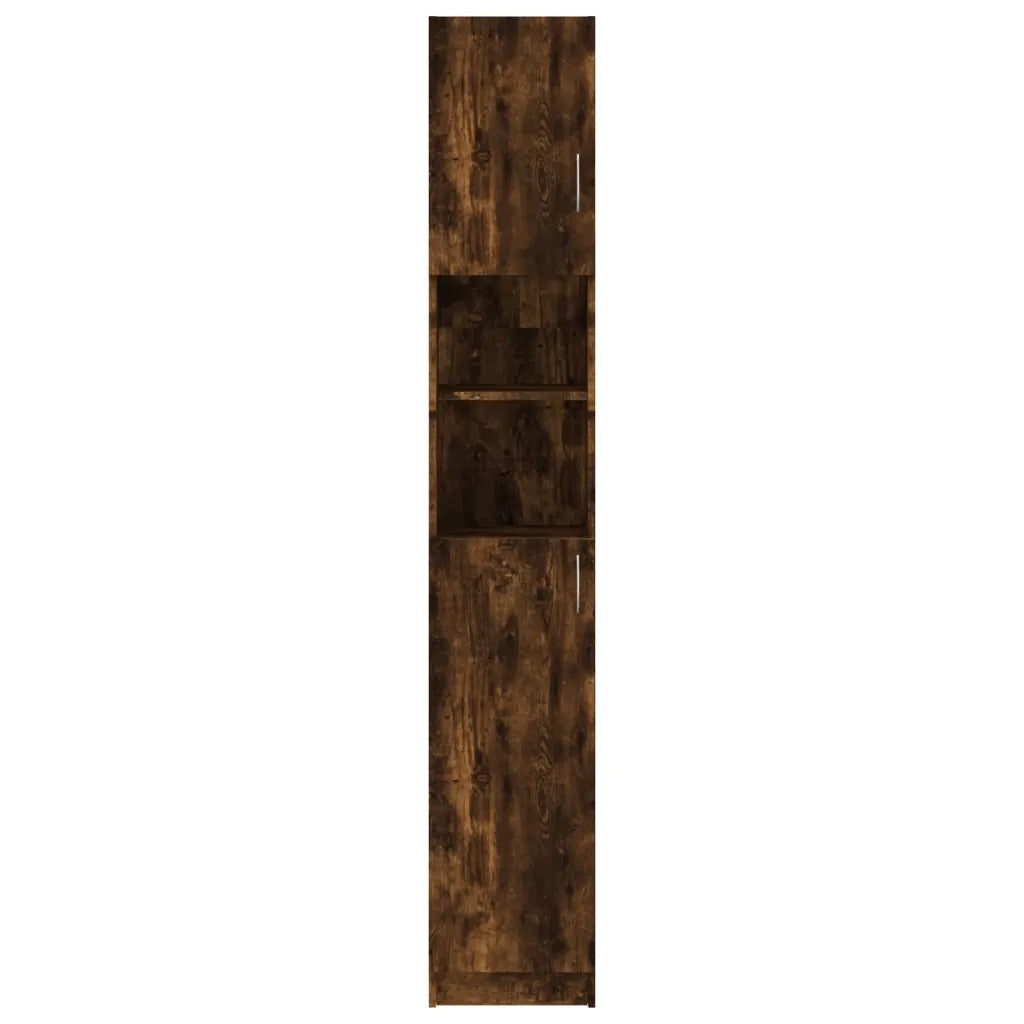 Mobiletto da bagno alto con vani contenitori flessibili 32 x 25,5 x 190 cm realizzato in legno composito finitura rovere affumicato 02_0048183