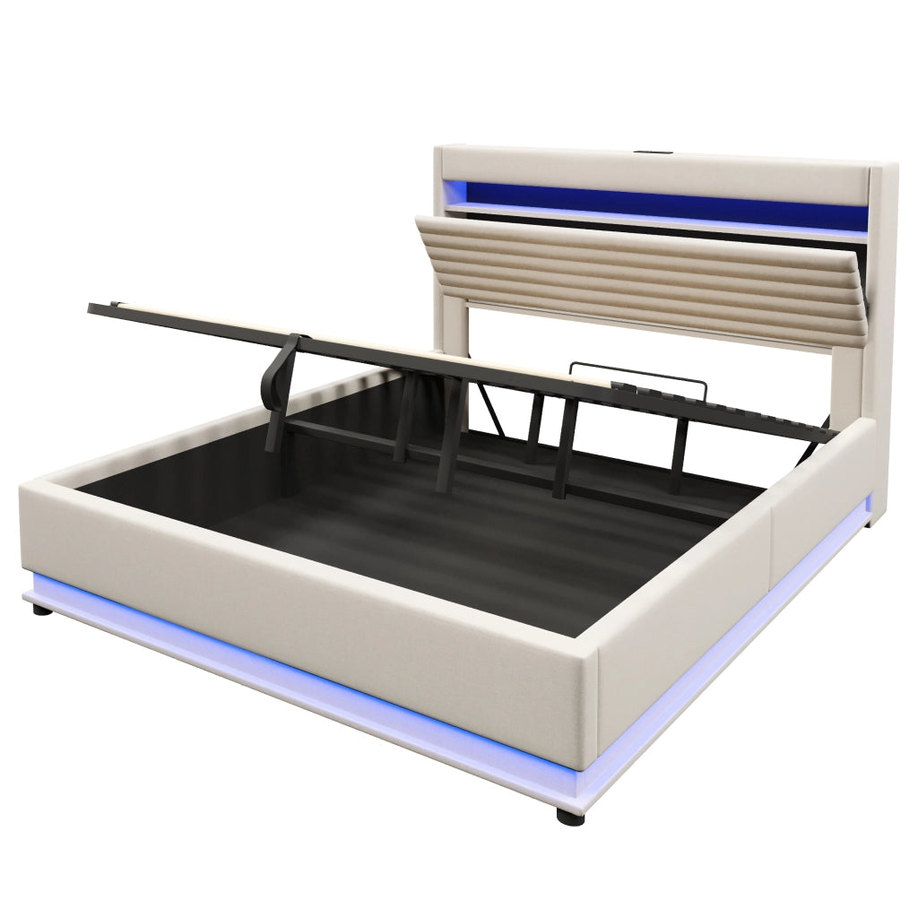 Letti contenitori 180x200 cm; contenitore idraulico con LED e USB; lino beige (Senza materasso)