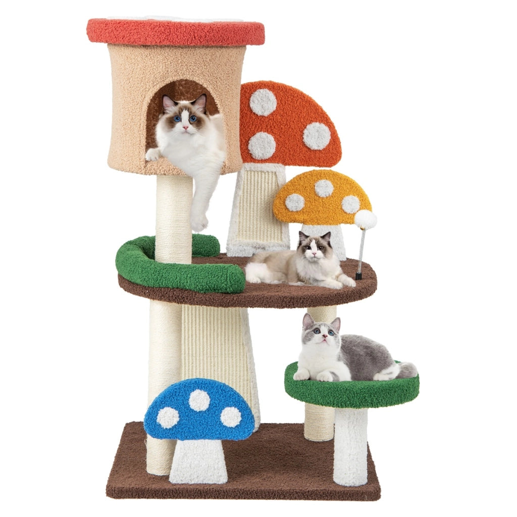 Albero per gatti a fungo 4-in-1 con condo, piattaforma e palla a molla, Torre multi-livello per gatti Colorato-Alberi Tiragraffi