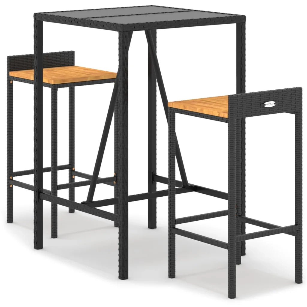 Set Bar Giardino 3 pz Nero Polyrattan e Legno Massello Acacia 3187674