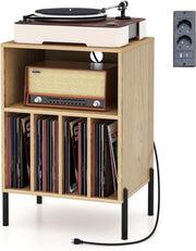Tavolino da Letto Mobile Giradischi con Base di Ricarica, Comodino per 150 Album, 2 Porte USB, 1 Tipo C, 5 Scomparti, Gambe in Metallo, Supporto per Giradisco, 53 x 45 x 78 cm