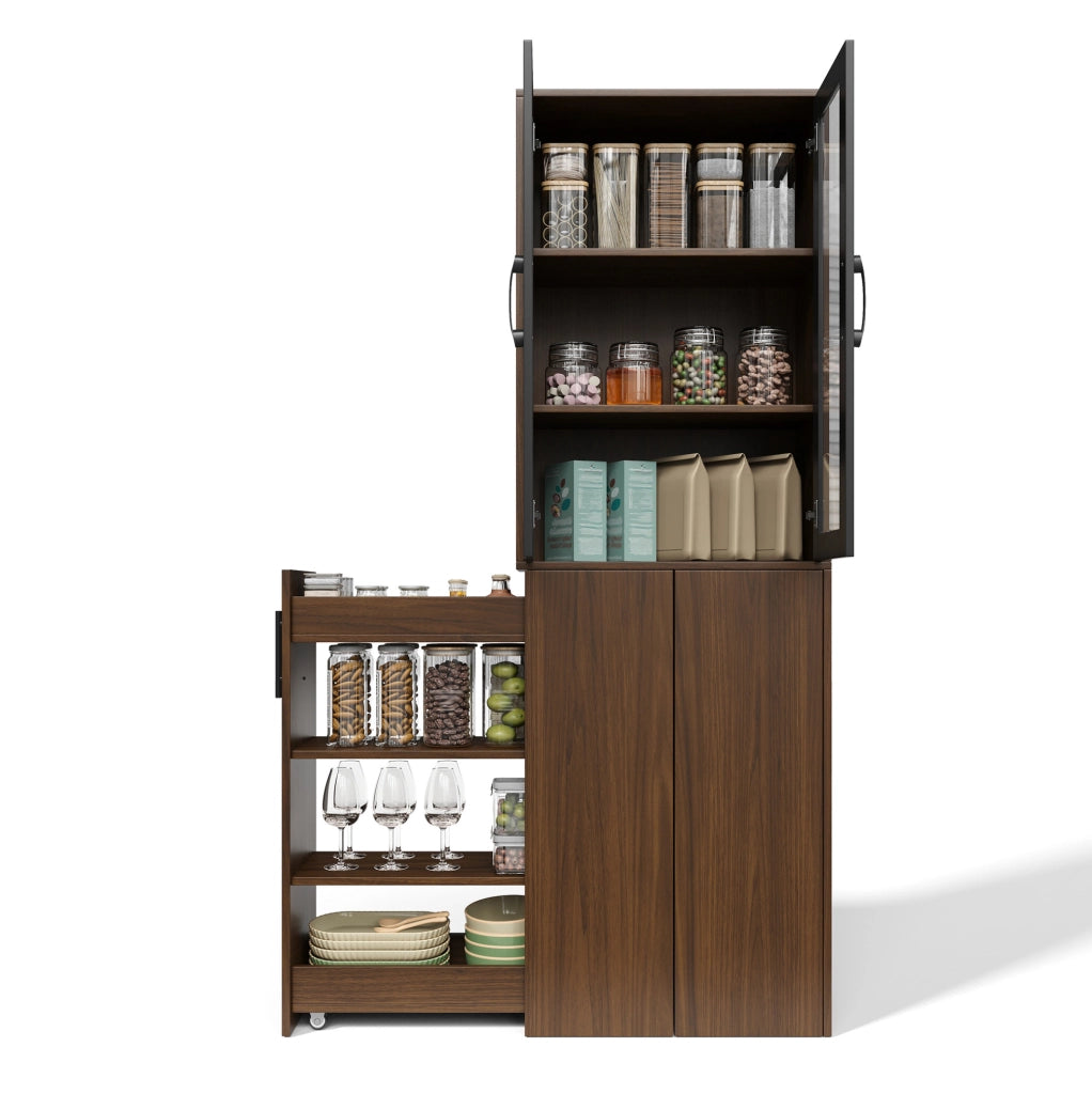 Mobile dispensa sottile da cucina 60x30x180 cm con ante in vetro e carrello estraibile; MDF nero e naturale