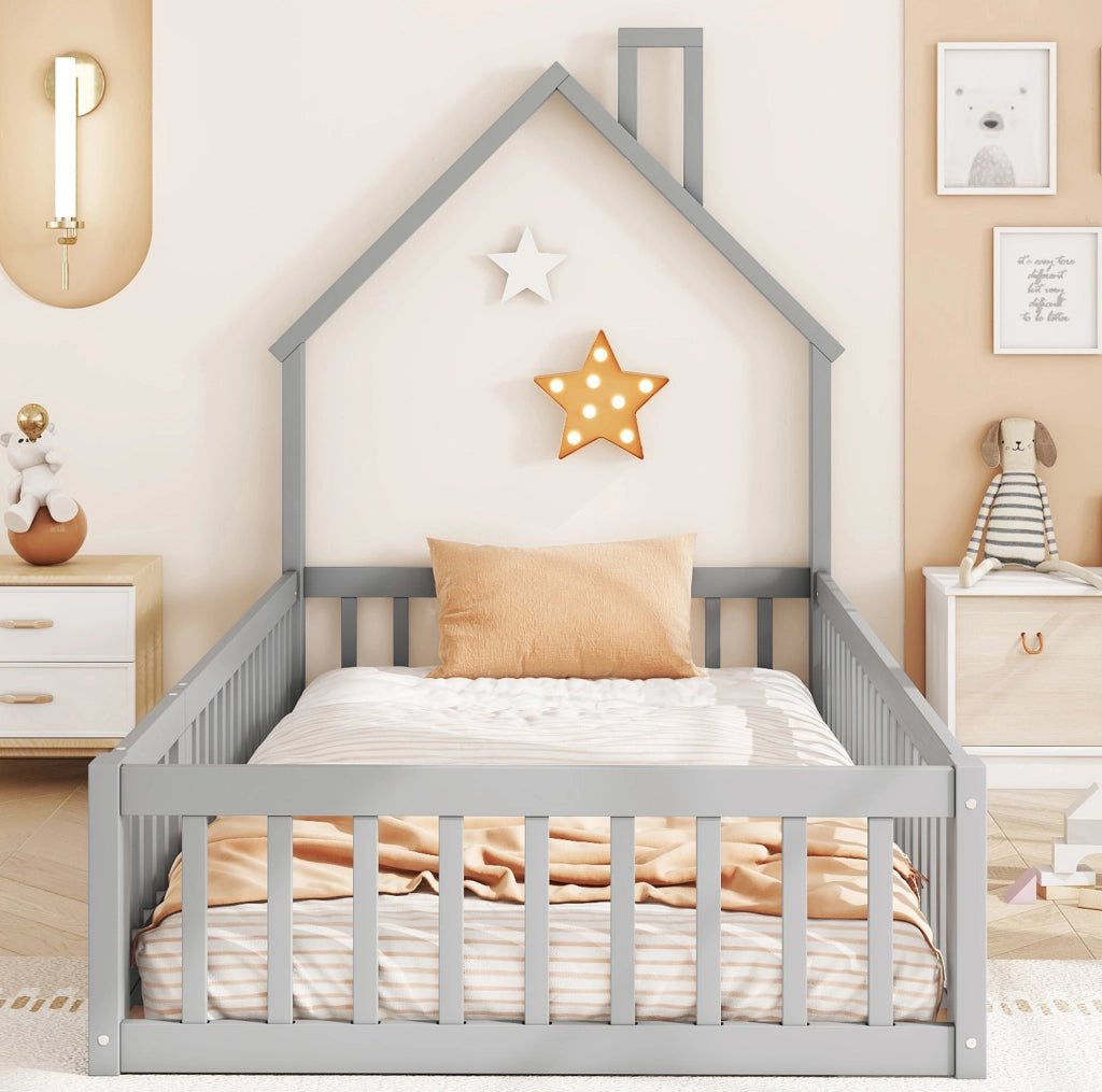 Letto casa bambini 90x200 cm; design camino; legno e MDF; grigio (Senza materasso)