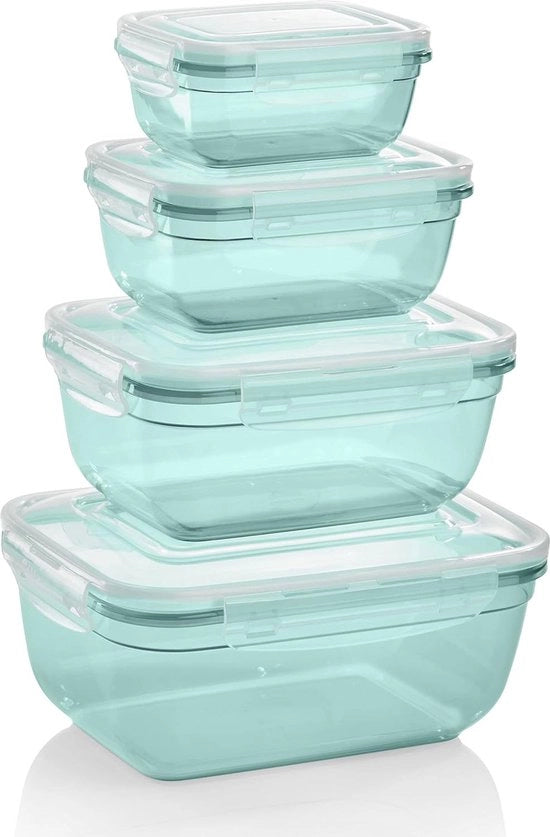 Set di 4 contenitori in plastica rettangolari, 0,4 l, 0,8 l, 1,4 l, 2,3 l, 100% impermeabili all'aria e all'acqua, resistenti al magnetron, colore menta.