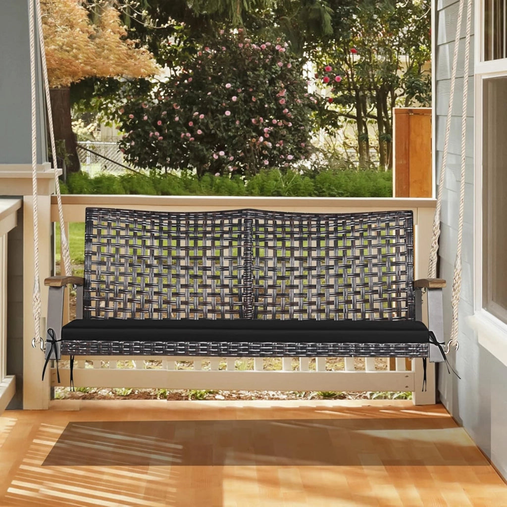 Porch Swing in Vimini PE a 2 Posti, Altalena da Esterno con Morbido Cuscino Sedile e Cordami Appendiabili, Capacità di Carico di 360 KG, Adatta per Cortile, Giardino, Portico (Nero)