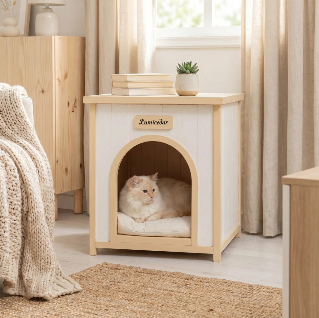 Cuccia per cani in legno con cuscino rimovibile; bianco crema