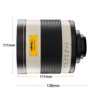 Obiettivo fotografico catadiottrico 800/8.0 compatibile con Sony E - lunghezza 131mm - per lungh. focale 800mm - sensore full-frame/APS-C - adattatore T2 - messa a fuoco ravvicinata 3,5m
