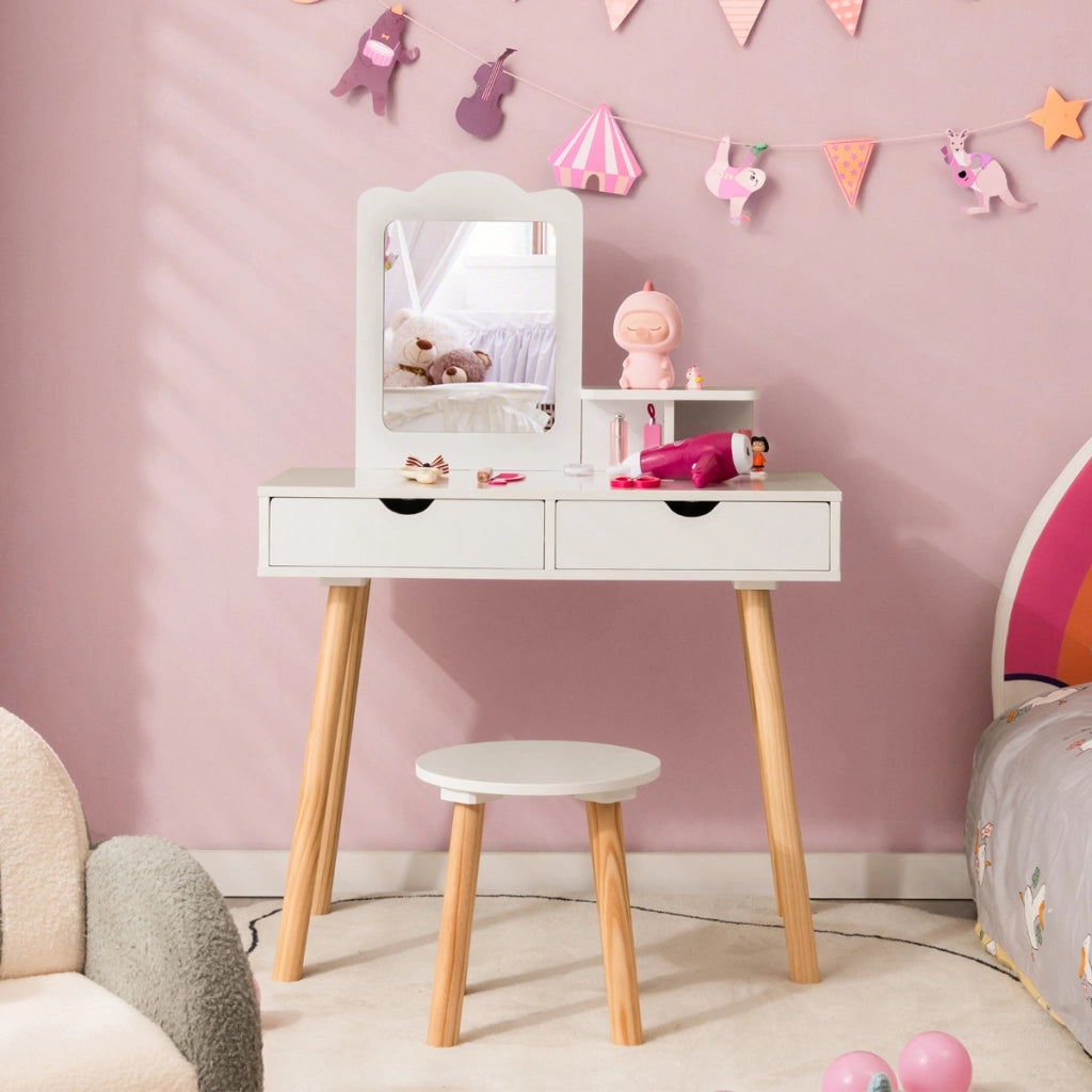 Postazione trucco per bambina 2 in 1-Toeletta e sgabello in legno con specchio rettangolare 2 cassetti Bianco