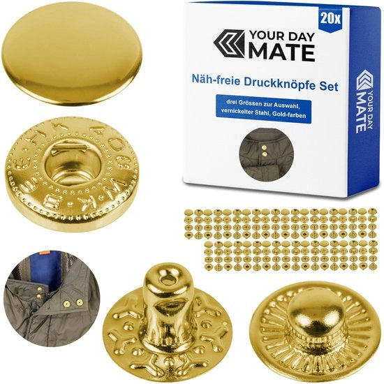 Drukknoppi in oro, Ø 10 mm, 20 paia, set senza attrezzi, clip di stoffa per fai da te, chiusura a vite per drukknoppi, riparazione di chiodi metallici, accessori di ricambio per cucire chiodi, drukknoppi con chiusura a vite.