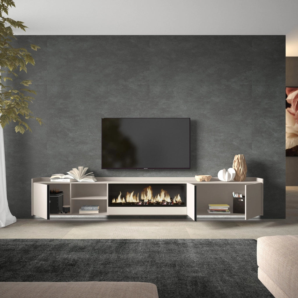 Mobile TV Soggiorno, 315x50x35 cm, Per TV fino a 80", Camino elettrico XXL, Sospeso, da appendere, LED, Beige