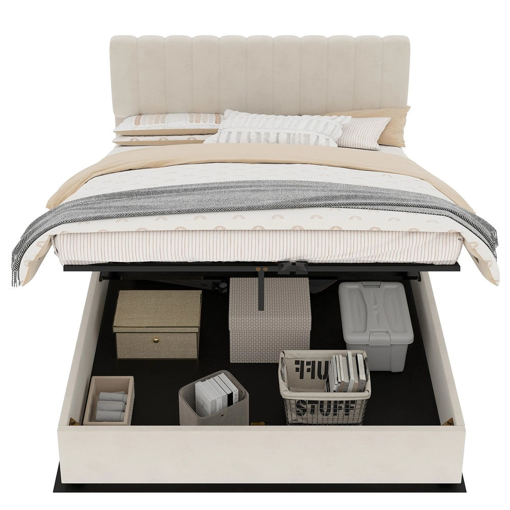 Letto Contenitore Imbottito 140x200 ¨C Xylo ¨C Beige, Testiera, Meccanismo Idraulico