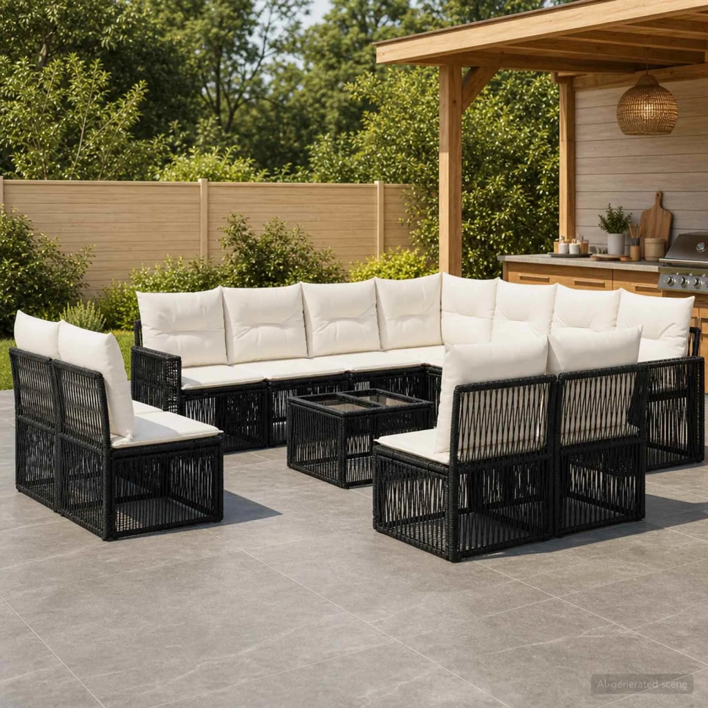 Set Divano da Giardino 12 pz Nero e Bianco Crema polyrattan 3435160