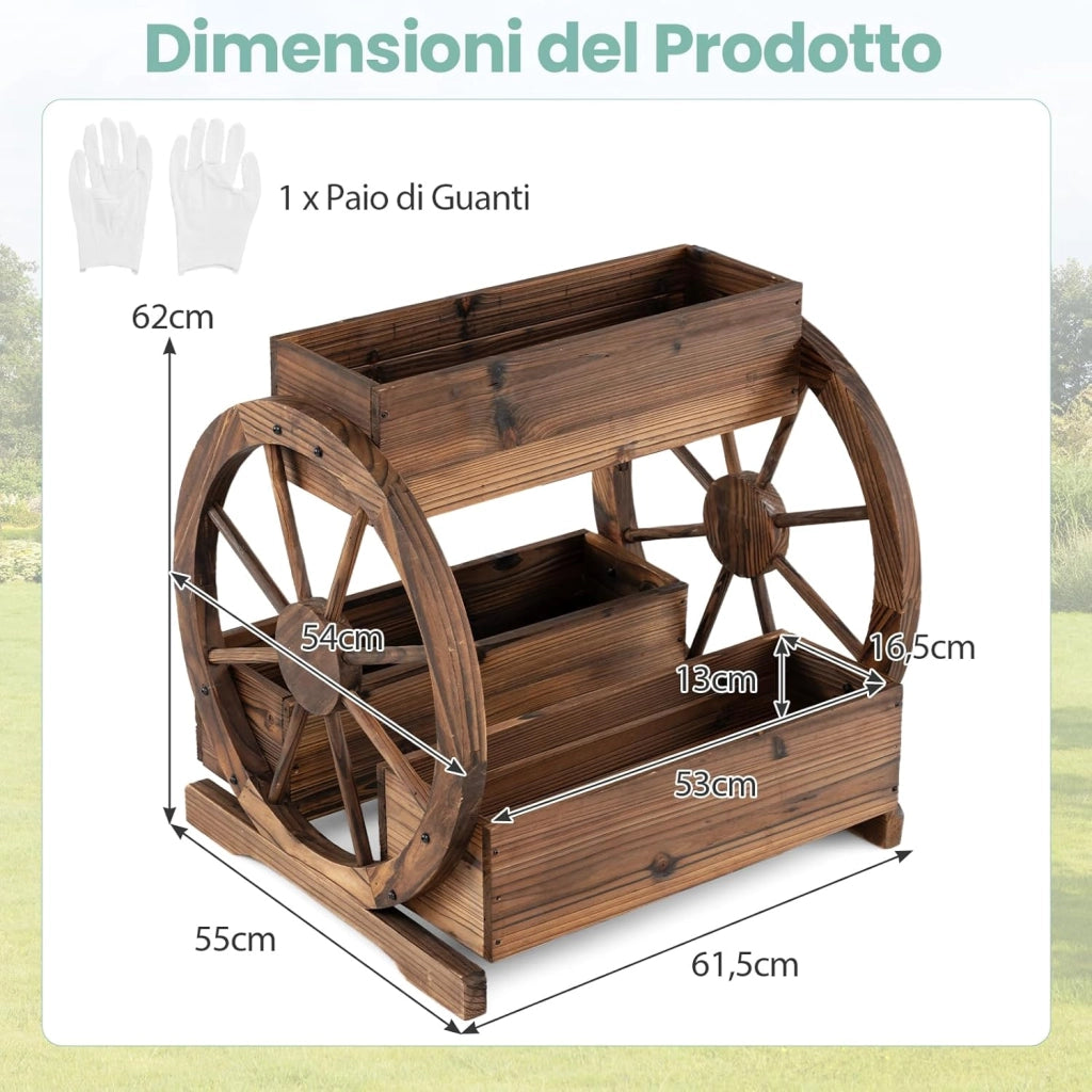 Fioriera a Carro in Legno, Letto da Giardino Rialzato a 2 Livelli con 3 Scatole, Fori di Drenaggio e Ruote, Carrello Decorativo per Fiori da Interno ed Esterno per Patio e Balcone
