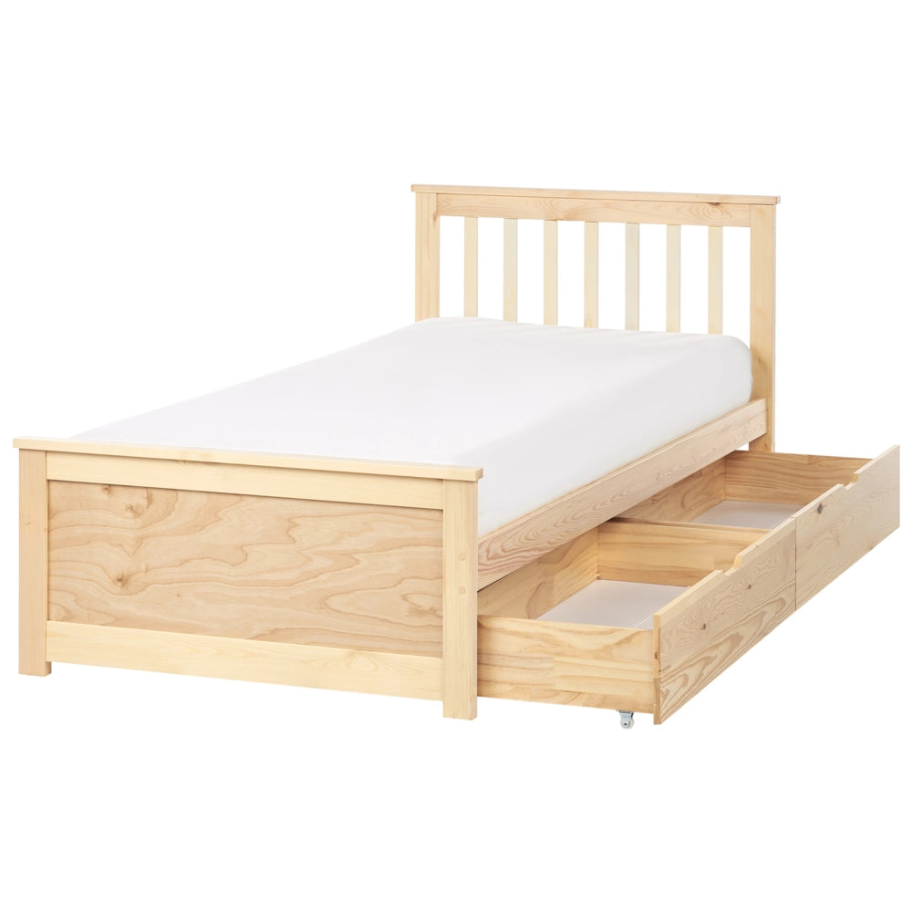 Letto in pino MDF con rete con contenitore 2 cassetti testiera minimalista 90 x 200 cm marrone chiaro