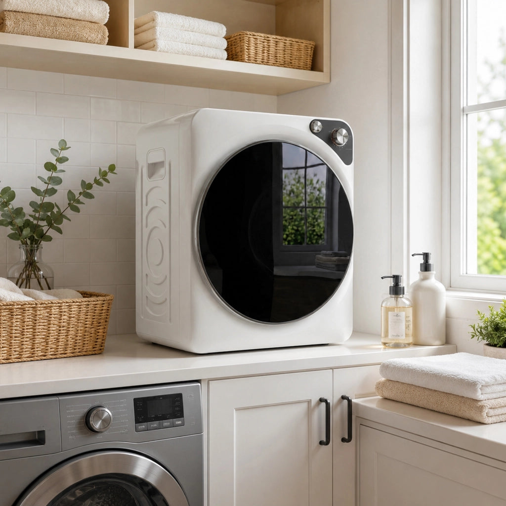 Asciugatrice Portatile 49x43x61 cm Potenza 1000W con 5 Programmi e Timer in PCM e Acciaio Inox Bianco