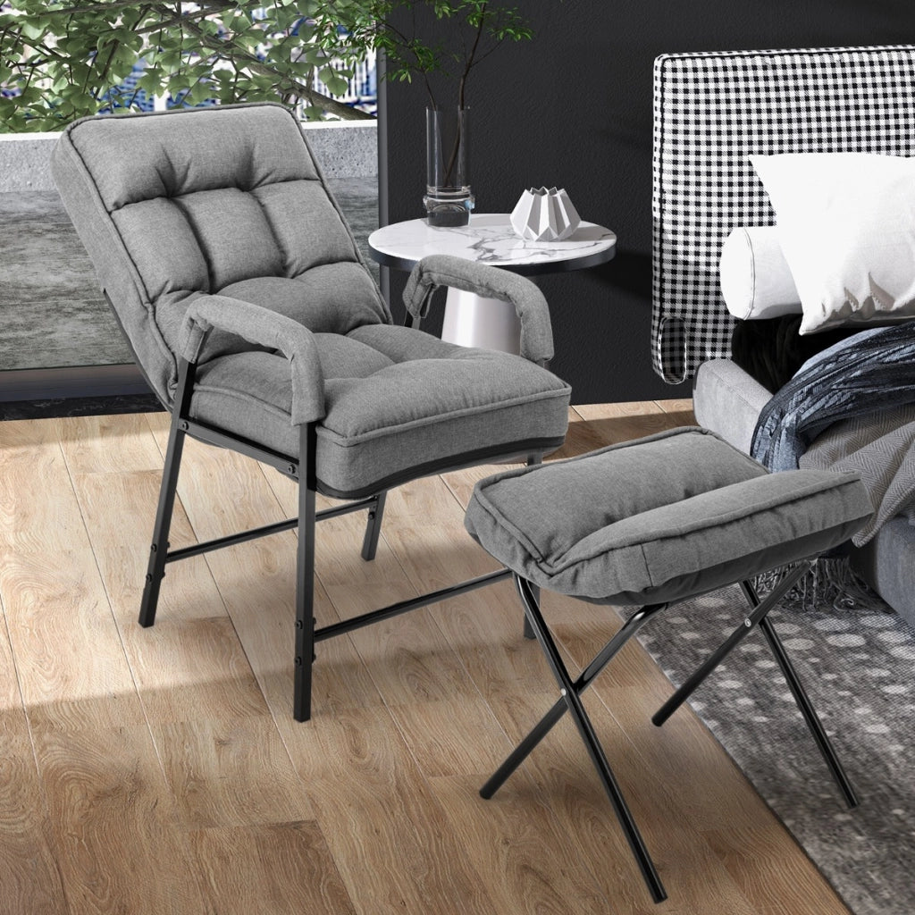 Poltrona con poggiapiedi schienale reclinabile e telaio in metallo, Sedia poltroncina in tessuto moderna Grigio-Sedie e poltrone