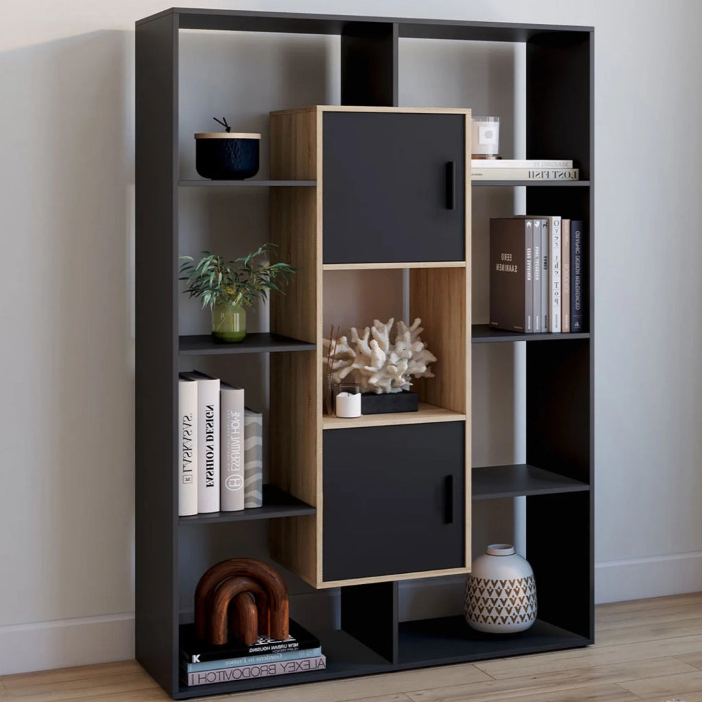 IDMarket - Estantería COLETTE con 11 compartimentos y 2 compartimentos negros y efecto madera H.143 cm
