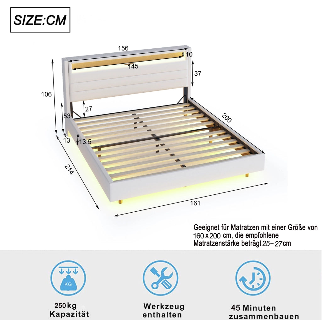 Letto matrimoniale 160x200 cm con USB e LED; testiera ribaltabile; tessuto beige (Senza materasso)
