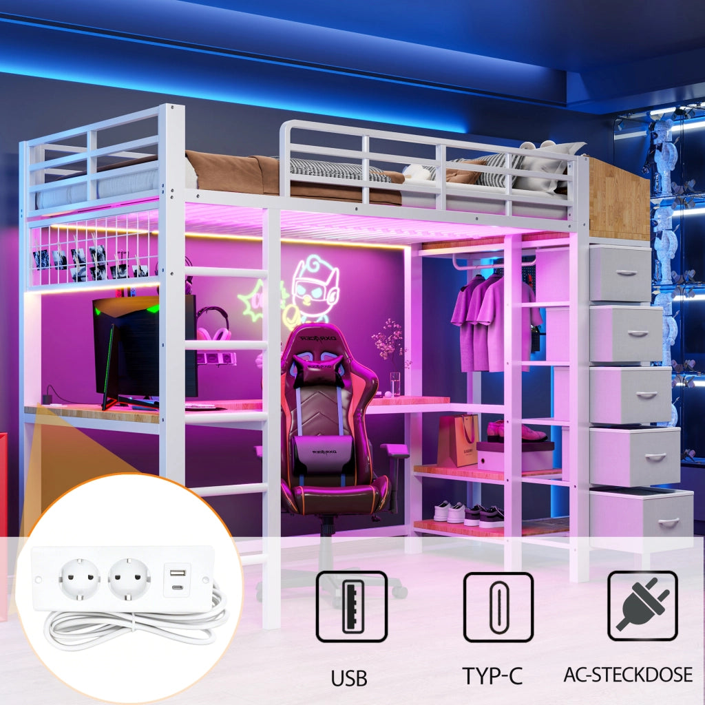 Letto a soppalco 90 × 200 cm con scrivania gaming, USB e Type-C, LED, 5 cassetti, senza materasso, bianco