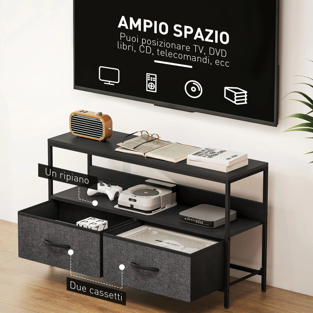 Mobile Porta TV da 47" con Cassetti Pieghevoli in Tessuto e Mensola in Metallo e MDF. 98x29x56 cm. Nero