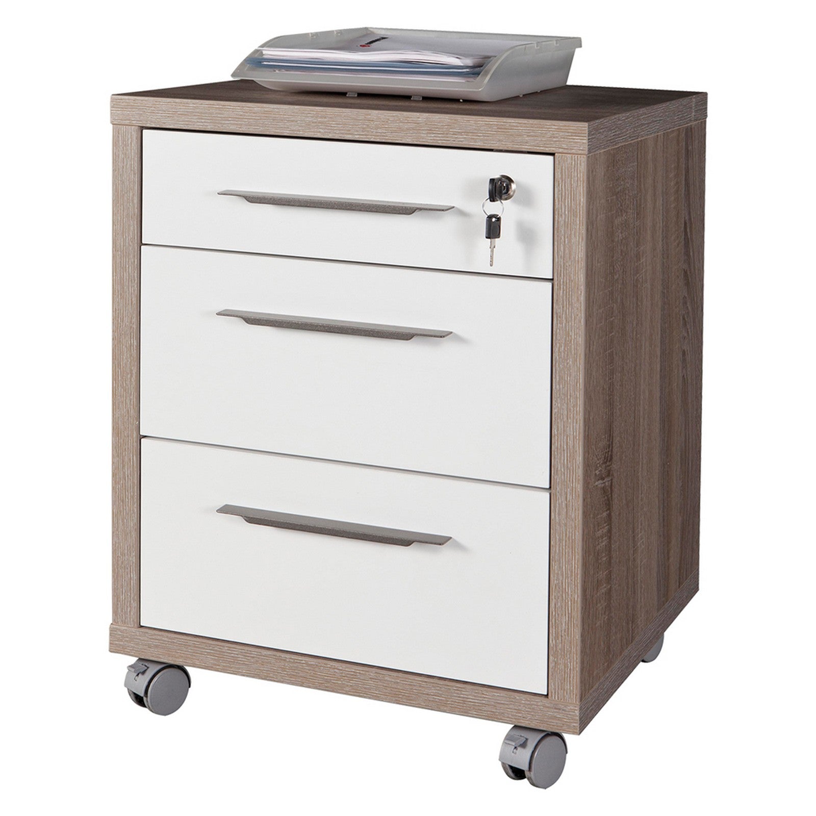 cassettiera ufficio 3 cassetti linea 'chania' cm. 49 x 45 x h.63 - rovere/bianco cod:ferx.7950100nlm