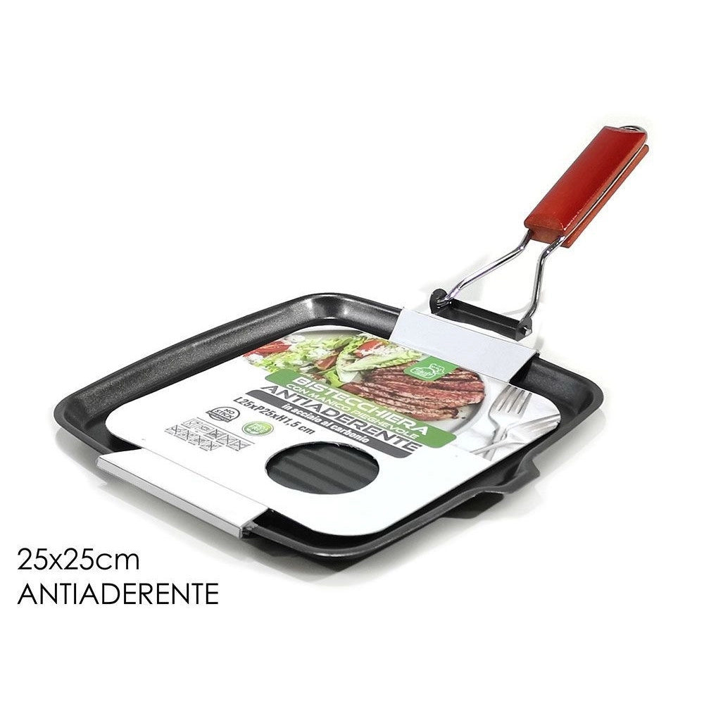 Trade Shop - Bistecchiera Antiaderente In Acciaio Al Carbonio Con Manico Pieghevole 25x25 Cm Cucina -