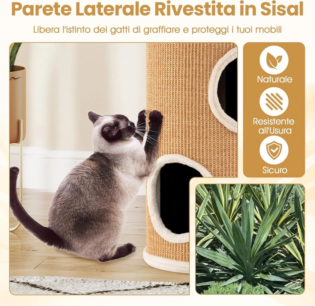 Cuccia per Gatti a 3 Piani, Cassetta Multilivello con Tappetino per Graffi in Sisal e Letto Morbido per Pisolini, Torre a Forma di Barile per Gattini, 36 x 36 x 60 cm