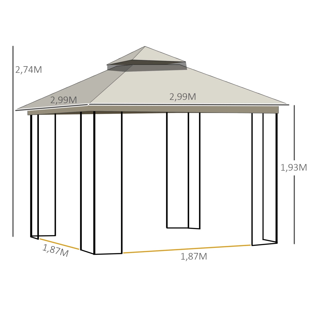 Gazebo da giardino con tenda per feste a doppio tetto 2.99 x 2.99 m con 4 pareti laterali in metallo e poliestere in beige