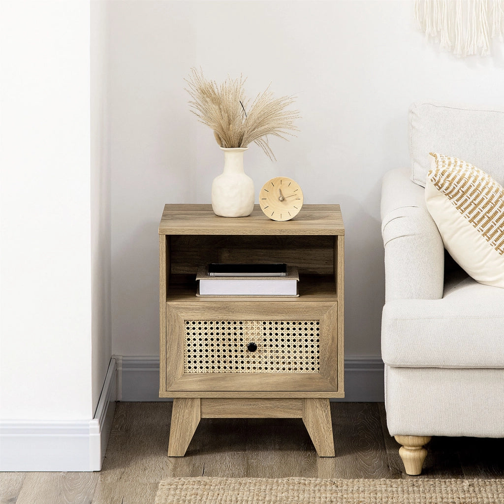Comodino con cassetto e anta cannage ¨C Xylo ¨C legno naturale 45x39x56,5 cm