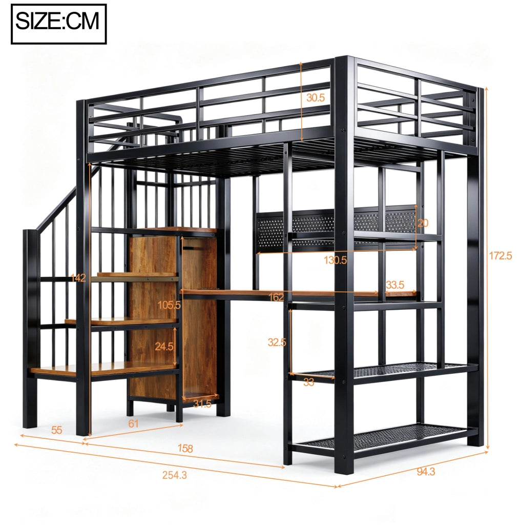 Letto a soppalco 90x200 cm con scala contenitore; LED e prese in metallo nero