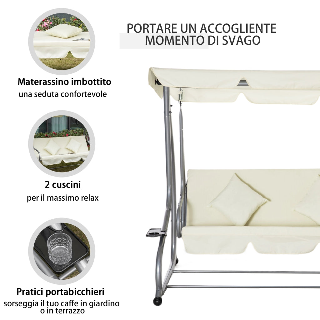 Dondolo Letto da Giardino 3 Posti con Tetto Regolabile e 2 Portabicchieri, 200x120x164 cm, Crema