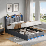 Letto una piazza e mezza 140x200 cm con contenitore LED USB testiera con mensola rete a doghe in lino - grigio
