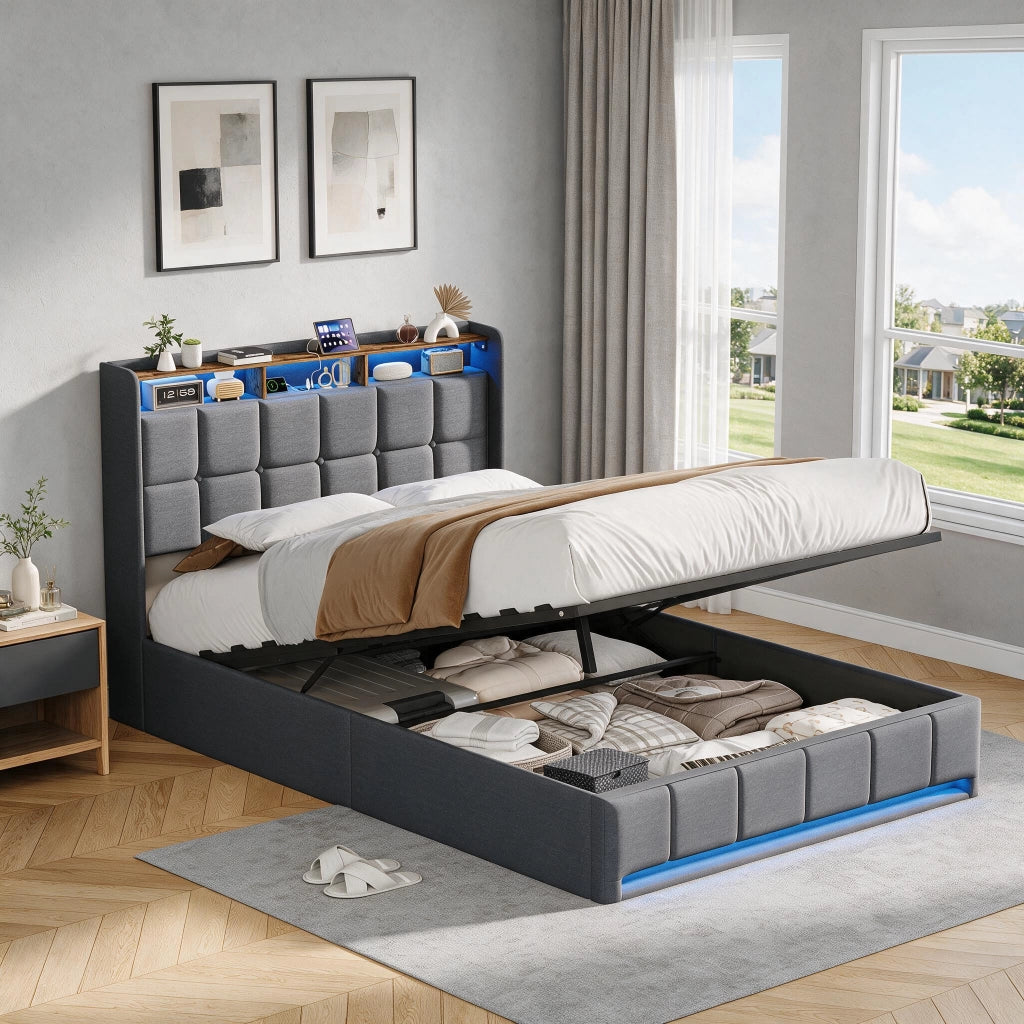 Letto una piazza e mezza 140x200 cm con contenitore LED USB testiera con mensola rete a doghe in lino - grigio