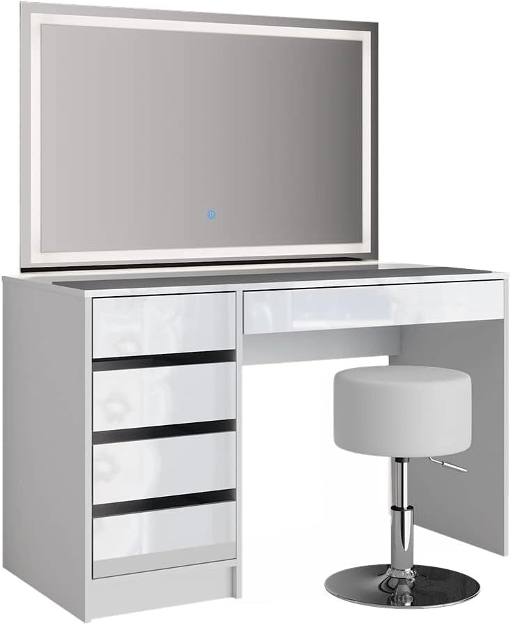 Vicco Tavolo da toeletta Sherry, Bianco, 120 cm con specchio LED e sgabello, con illuminazione LED e sgabello imbottito
