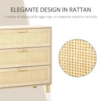 Cassettiera a 3 Cassetti in Legno e Rattan Stile Boho Chic, 80x40x80cm
