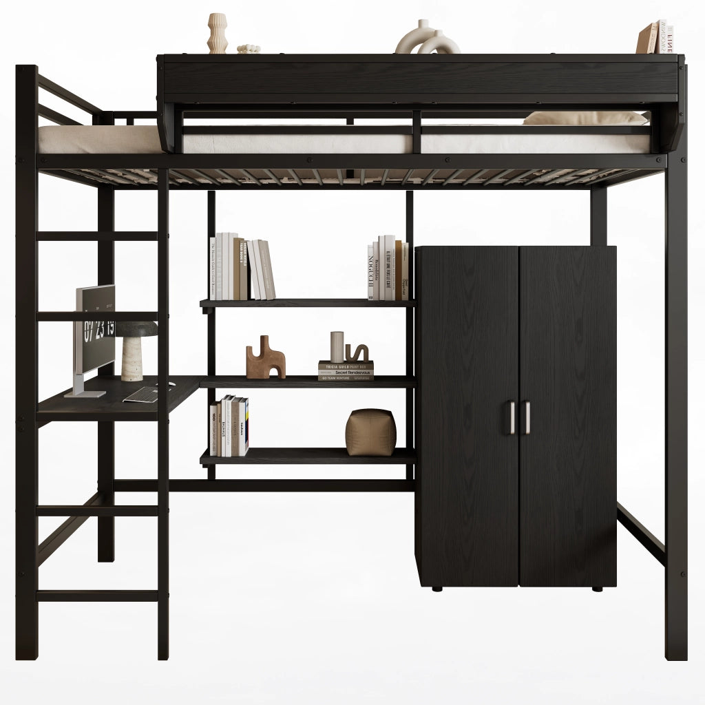 Letto a castello in ferro - Zephmum - 90x200 cm - Nero - Con scrivania e armadio