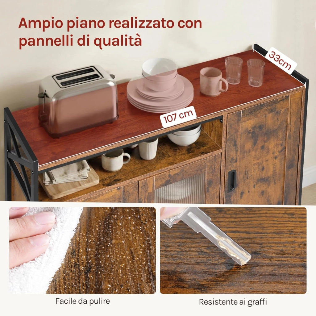 Credenza Cucina con 3 Ante, Mobile Buffet Salvaspazio con 2 Ripiani Regolabile, in Legno e Metallo, per Cucina, Soggiorno, Ingresso, 110x33x75 cm, Marrone Rustico