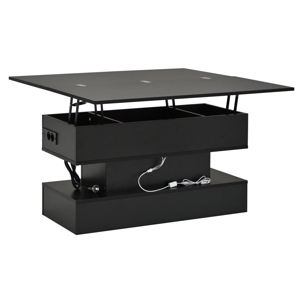 Tavolino da salotto alzabile 100x50x51,5 cm nero con LED, presa laterale, ricarica USB, vano contenitore e piano regolabile